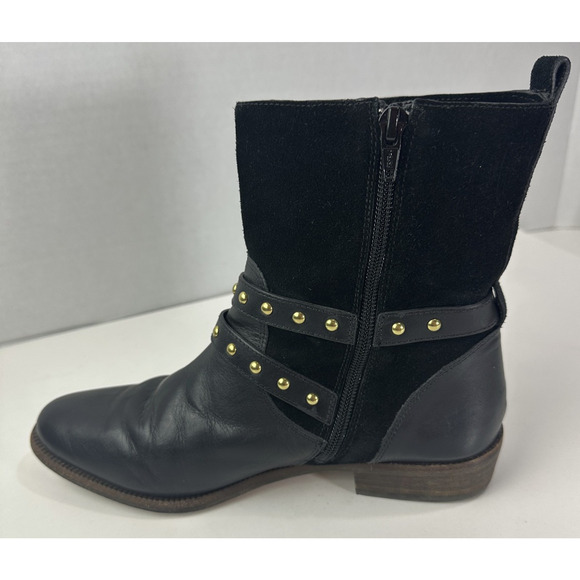 Coach Lilliana Leather Ankle Moto Boots Size 7.5 B Gold Studded Buckle Shoes - Picture 6 of 16